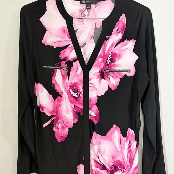 INC International Concepts Black Blouse with Pink Floral Pattern - Picture 3 of 6